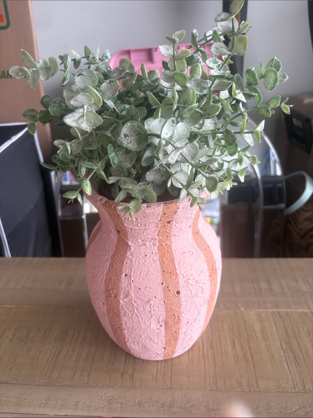 Decorative Pink Textured Ceramic Vase with Green Faux Foliage